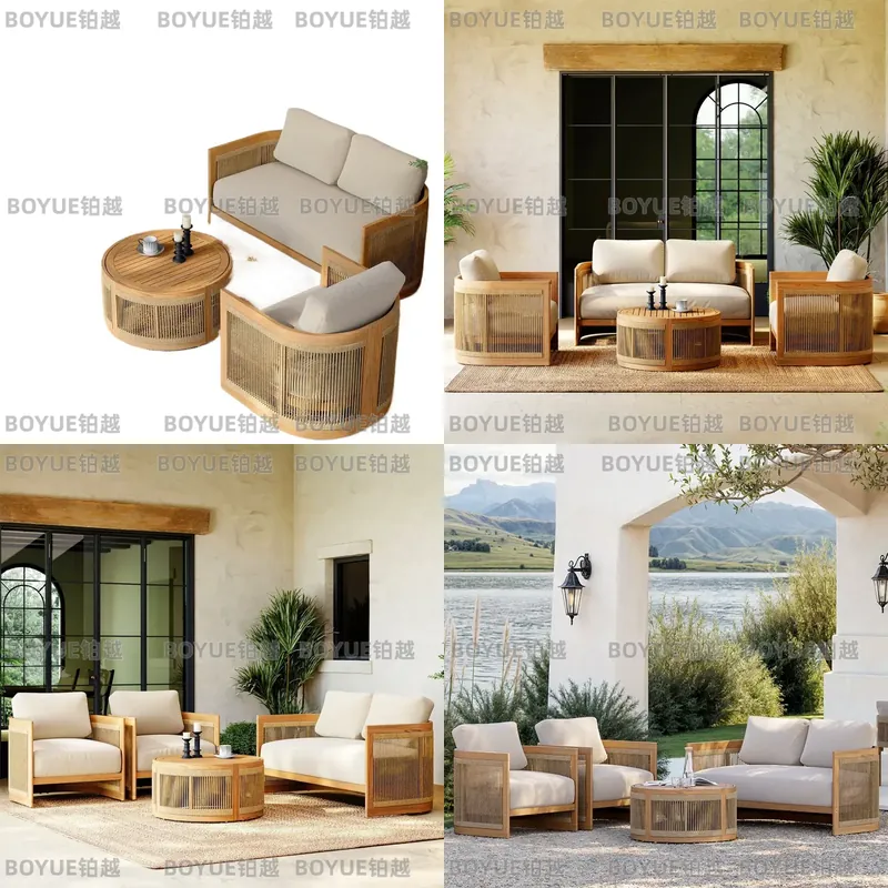 Rattan Lounge Set - Outdoor Teakholz-Sofagarnitur Wasserfeste Rattan-Gartenmöbel für Villa,