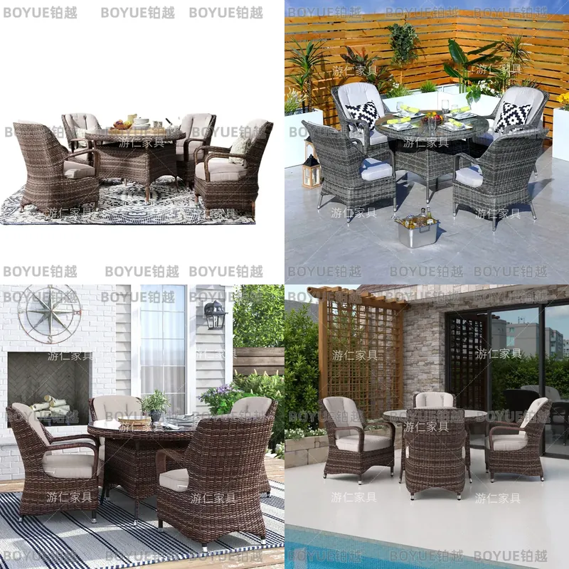 Rattan Lounge Set - Outdoor-Rattan-Tisch-Stuhl-Hocker-Set für Balkon, Terrasse, Hof, BBQ-Möbel,